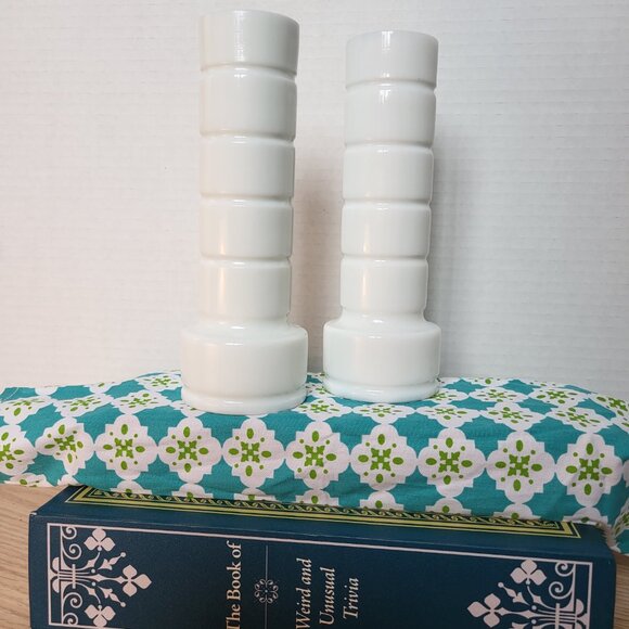 2 Vintage Milk Glass Stars and Bars Vase, Ribbed Bud Vase - Picture 2 of 9